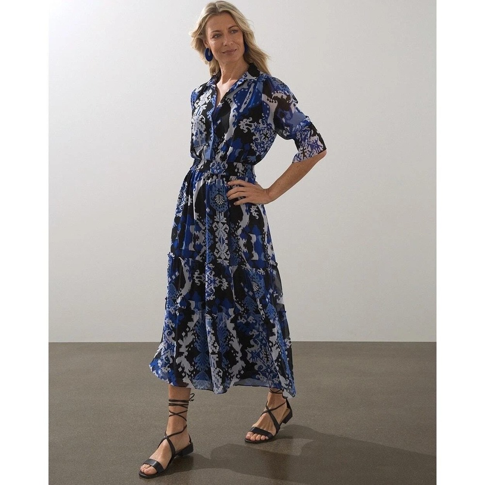 Chico's Tiered Midi Dress S Blue Black Ikat Damask Smocked Waist Feminine Summer